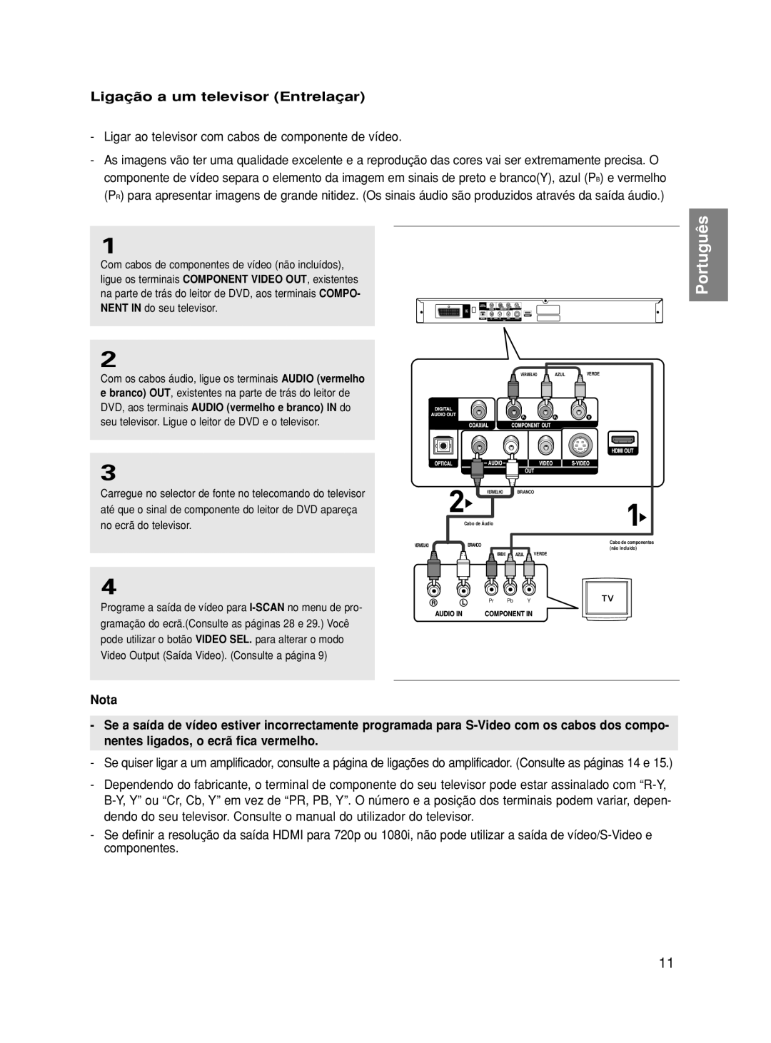 Samsung DVD-HD860/XEC manual Ligação a um televisor Entrelaçar, Ligar ao televisor com cabos de componente de vídeo 