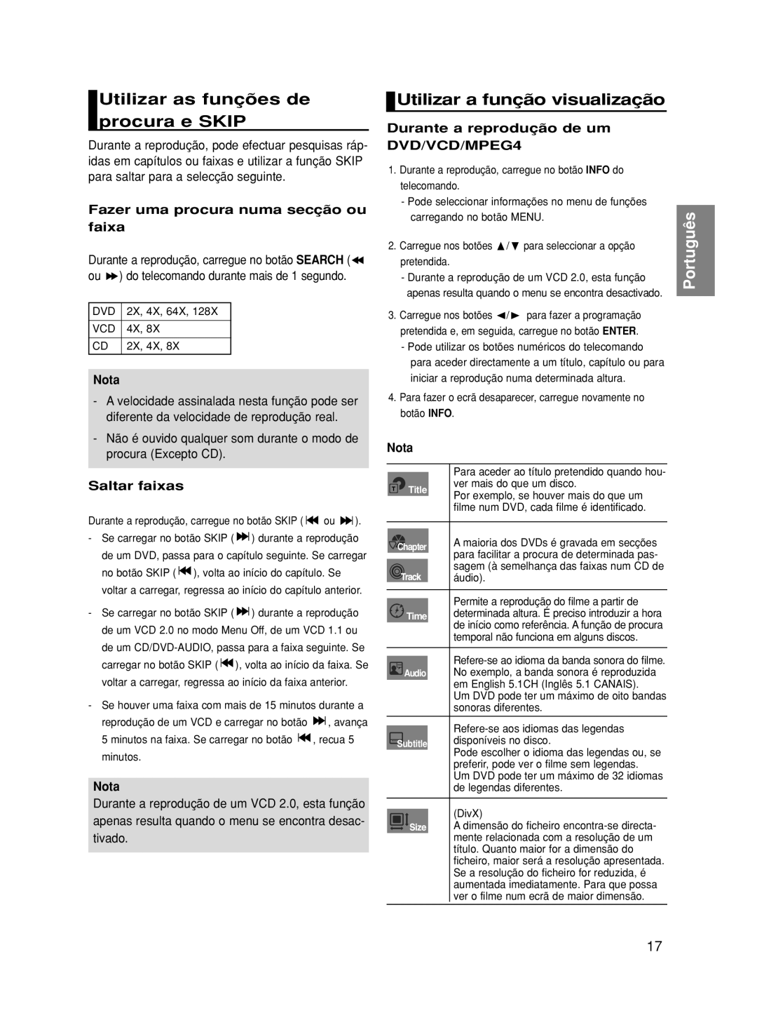 Samsung DVD-HD860/XEC manual Utilizar as funções de procura e Skip, Utilizar a função visualização, Saltar faixas 