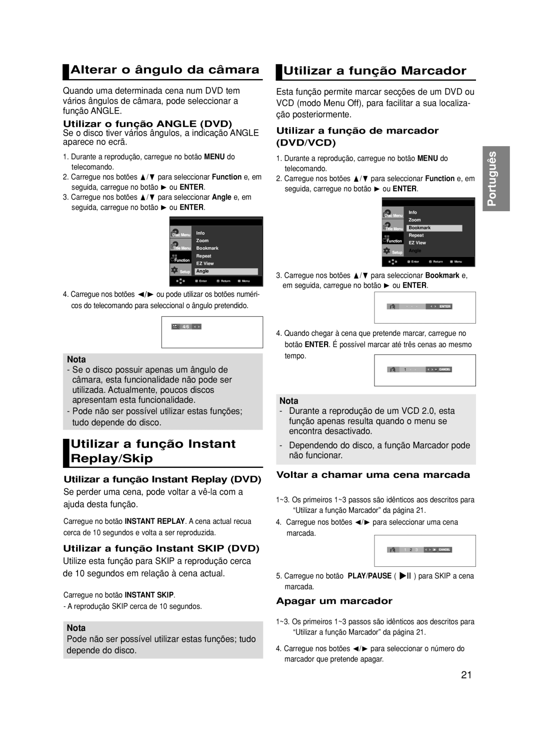 Samsung DVD-HD860/XEC manual Alterar o ângulo da câmara, Utilizar a função Marcador, Utilizar a função Instant Replay/Skip 