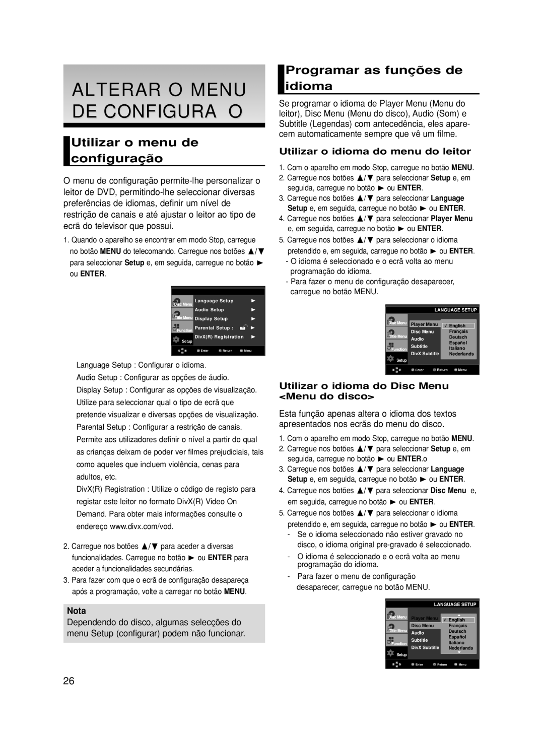 Samsung DVD-HD860/XEC Alterar O Menu DE Configuração, Utilizar o menu de configuração, Programar as funções de idioma 