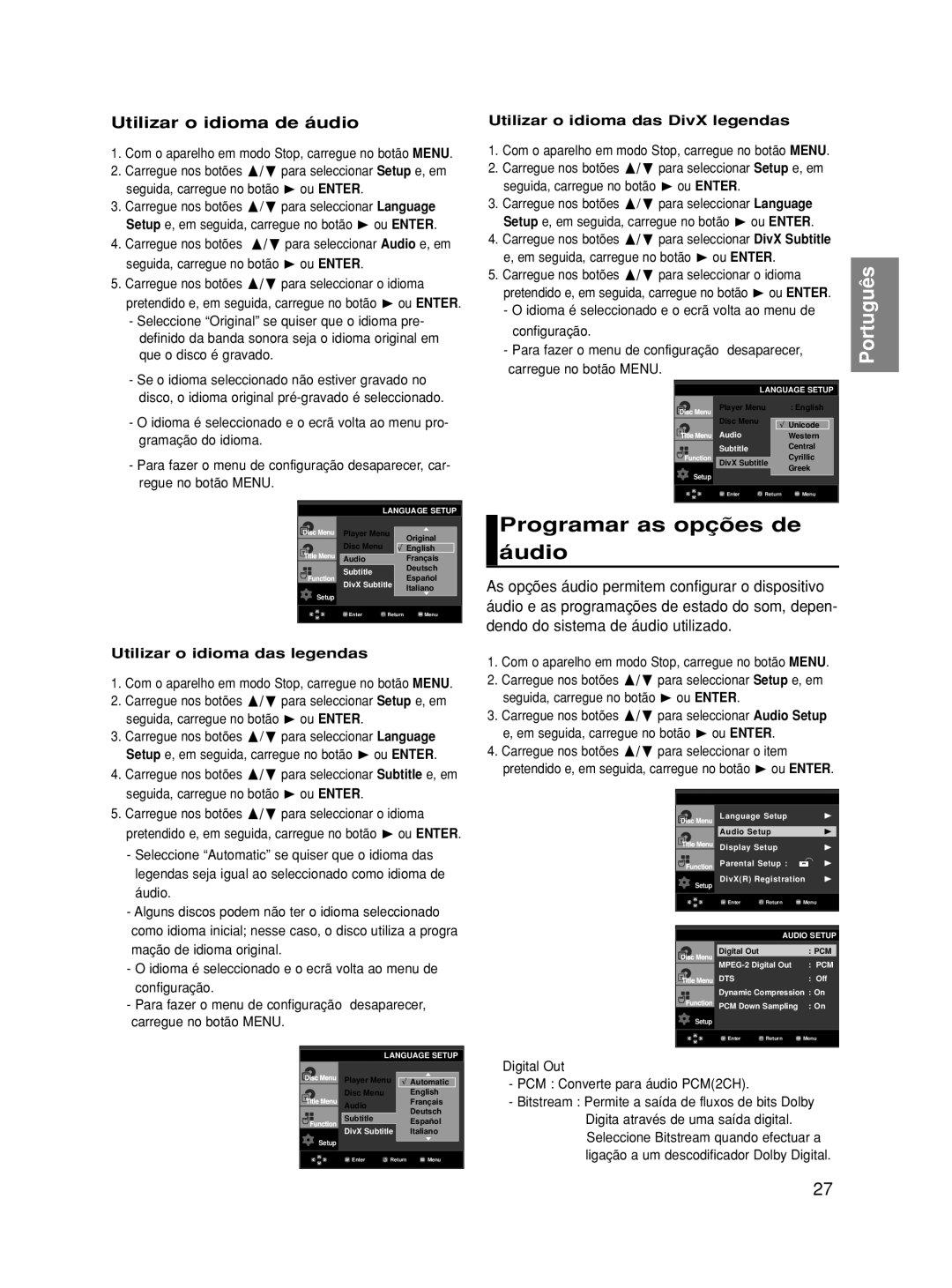 Samsung DVD-HD860/XEC manual Programar as opções de áudio, Utilizar o idioma de áudio, Utilizar o idioma das legendas 