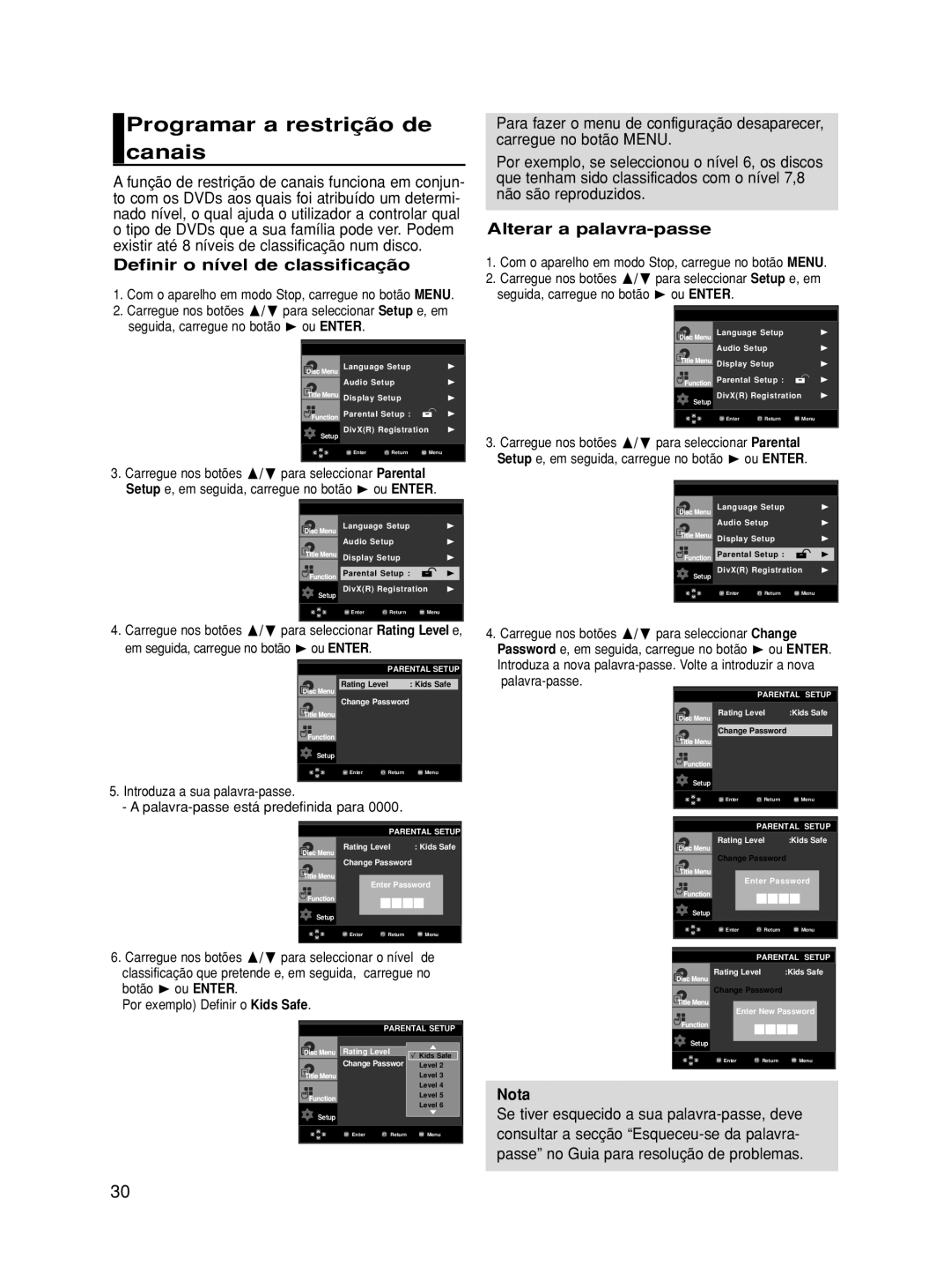 Samsung DVD-HD860/XEC manual Programar a restrição de canais, Definir o nível de classificação, Alterar a palavra-passe 