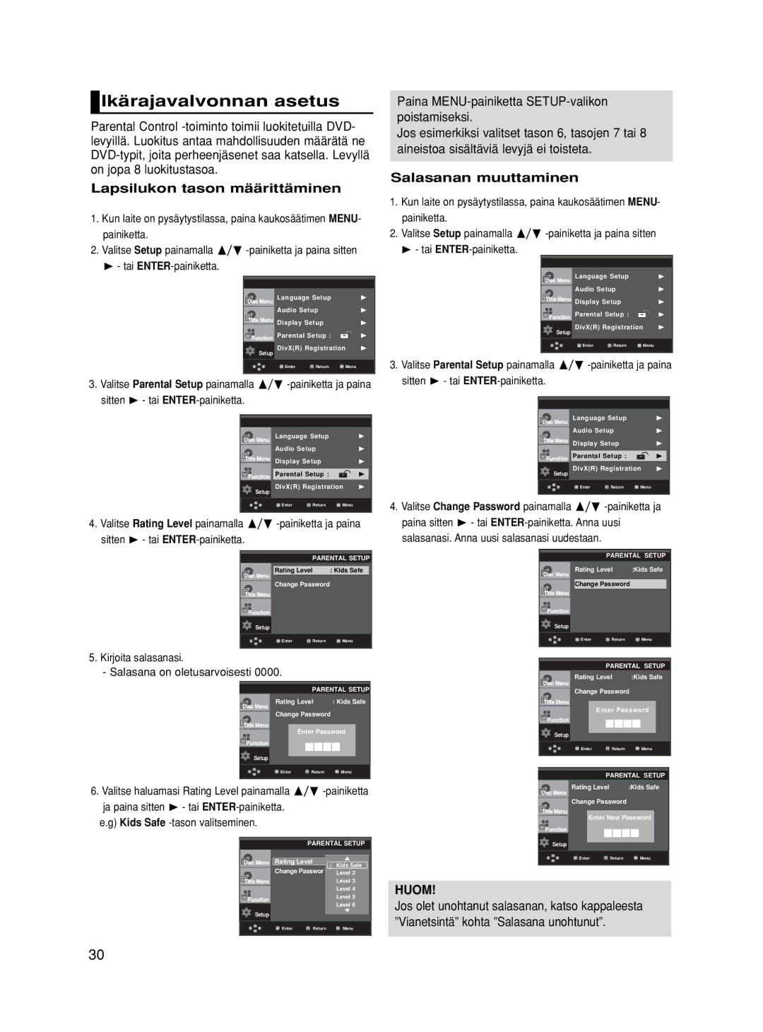 Samsung DVD-HD860/XEE manual Ikärajavalvonnan asetus, Lapsilukon tason määrittäminen, Salasanan muuttaminen 