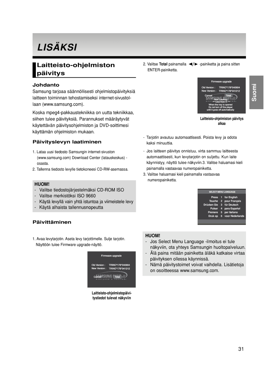 Samsung DVD-HD860/XEE manual Lisäksi, Laitteisto-ohjelmiston päivitys, Johdanto, Päivityslevyn laatiminen, Päivittäminen 