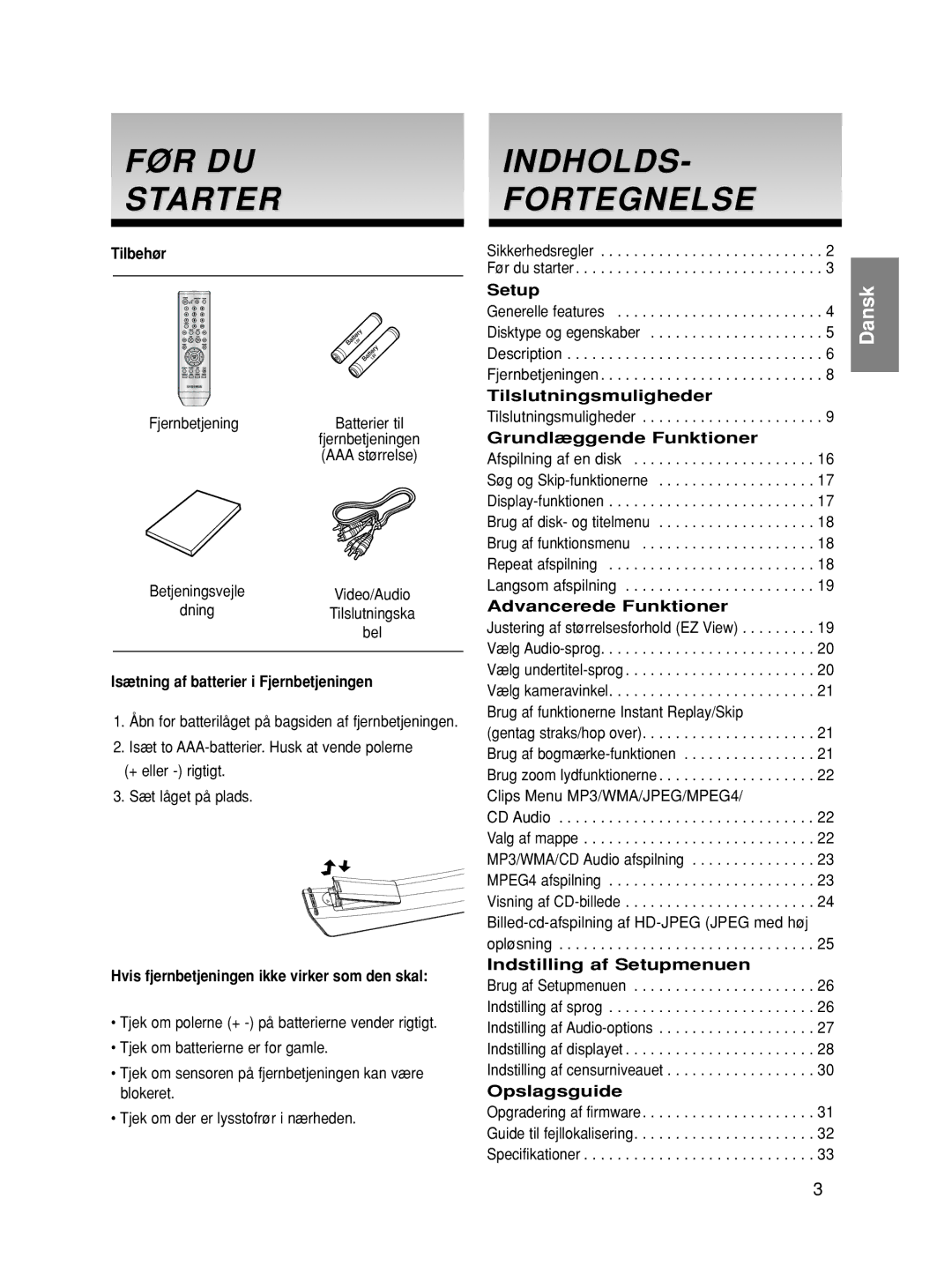 Samsung DVD-HD860/XEE manual FØR DU Starter, Indholds Fortegnelse 