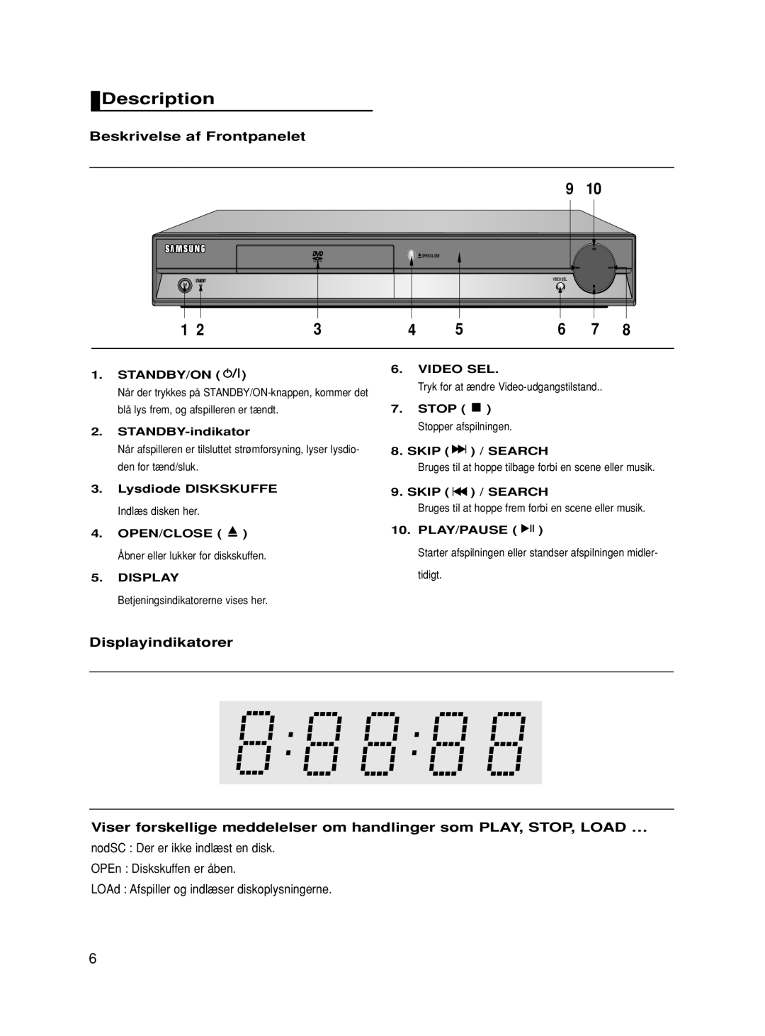 Samsung DVD-HD860/XEE manual Description, Beskrivelse af Frontpanelet, Stop Stopper afspilningen Skip / Search 