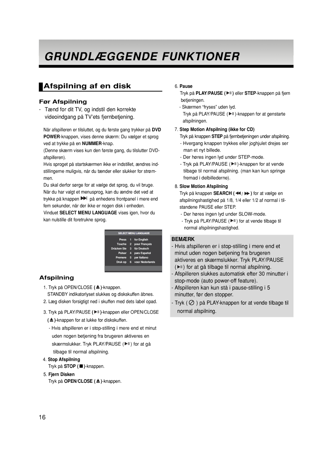 Samsung DVD-HD860/XEE manual Grundlæggende Funktioner, Afspilning af en disk, Før Afspilning 