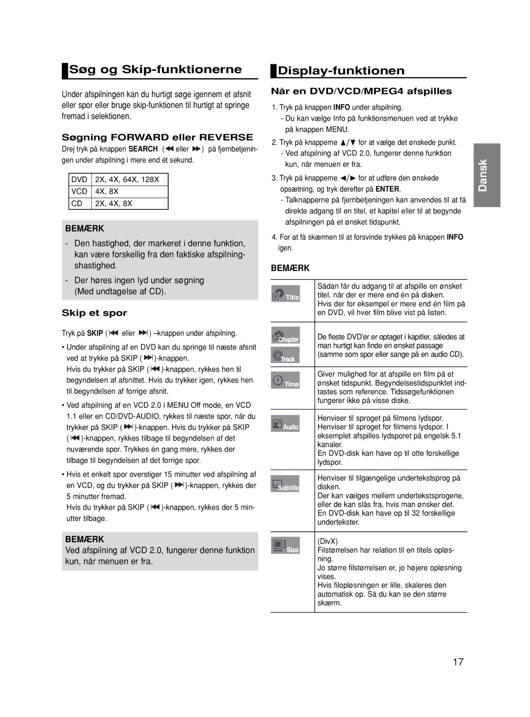 Samsung DVD-HD860/XEE manual Søg og Skip-funktionerne, Display-funktionen, Søgning Forward eller Reverse, Skip et spor 