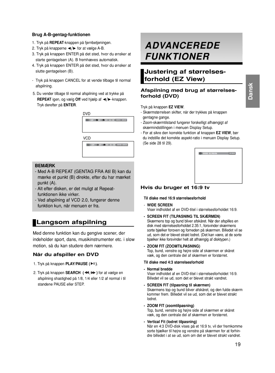 Samsung DVD-HD860/XEE manual Advancerede Funktioner, Langsom afspilning, Justering af størrelses Forhold EZ View 