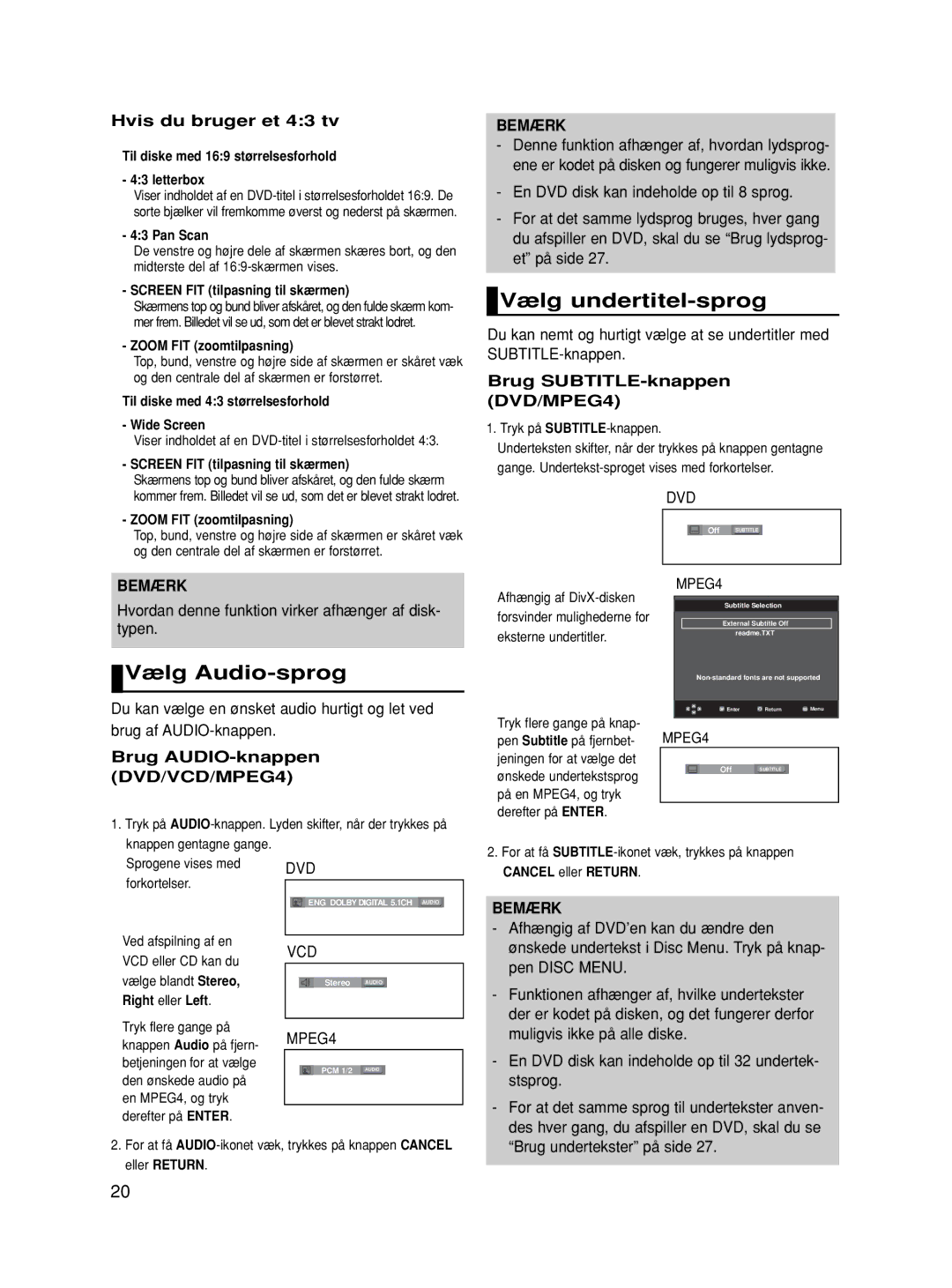 Samsung DVD-HD860/XEE Vælg undertitel-sprog, Vælg Audio-sprog, Hvis du bruger et 43 tv, Brug SUBTITLE-knappen DVD/MPEG4 