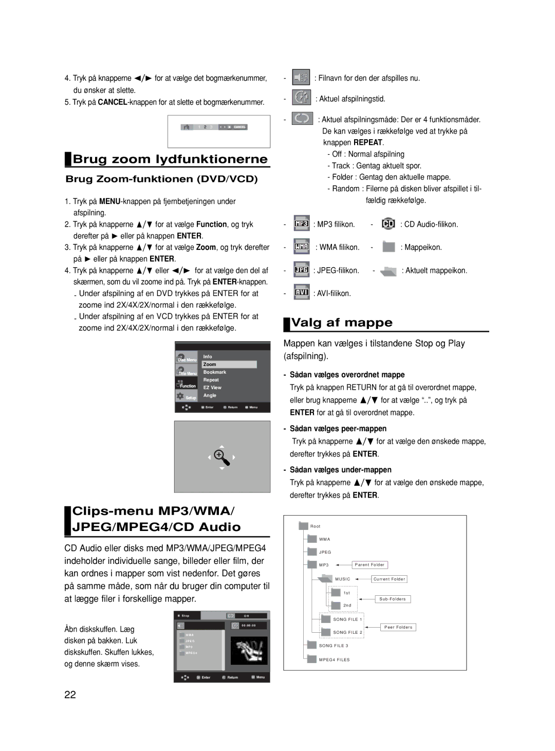 Samsung DVD-HD860/XEE manual Brug zoom lydfunktionerne, Clips-menu MP3/WMA/ JPEG/MPEG4/CD Audio, Valg af mappe 