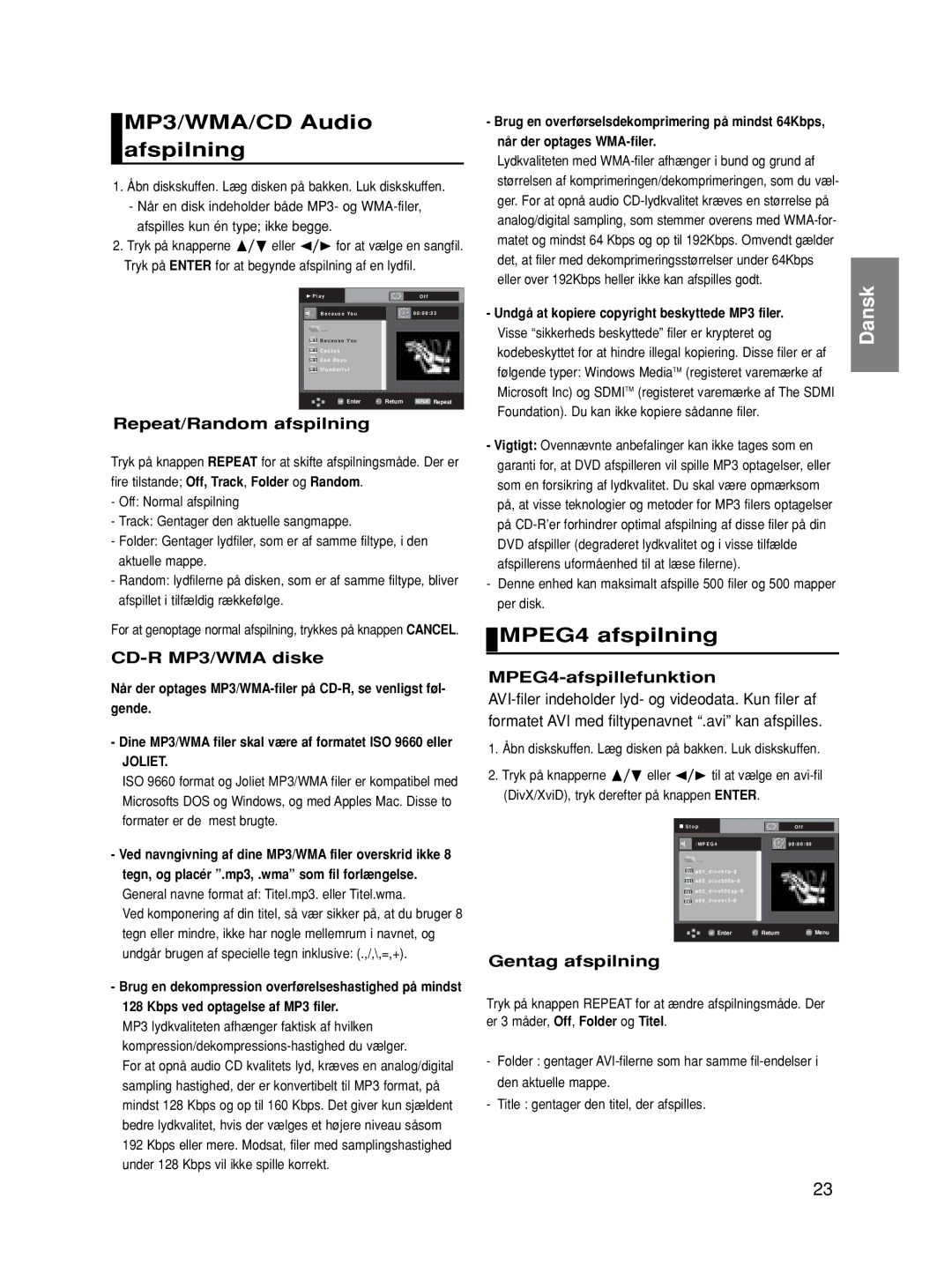 Samsung DVD-HD860/XEE manual MP3/WMA/CD Audio afspilning, MPEG4 afspilning 