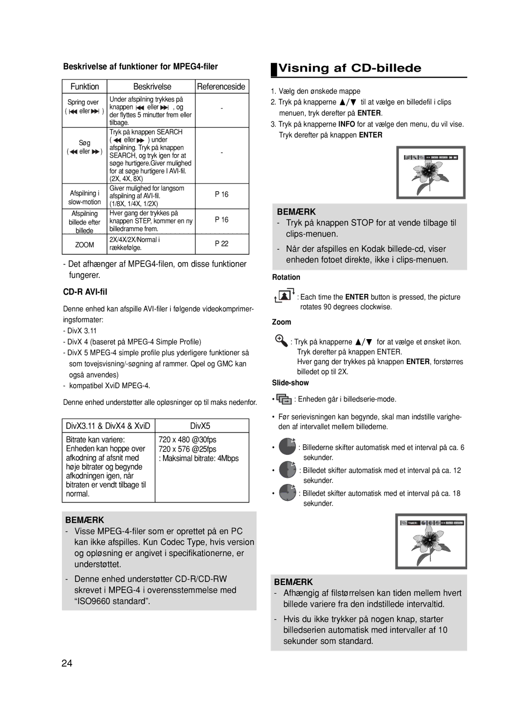 Samsung DVD-HD860/XEE manual Visning af CD-billede, Beskrivelse af funktioner for MPEG4-filer, CD-R AVI-fil 