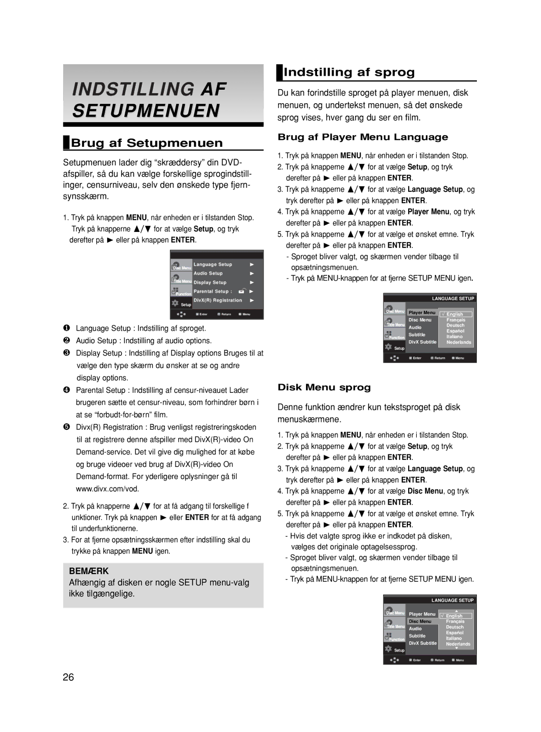 Samsung DVD-HD860/XEE Indstilling AF Setupmenuen, Brug af Setupmenuen, Indstilling af sprog, Brug af Player Menu Language 