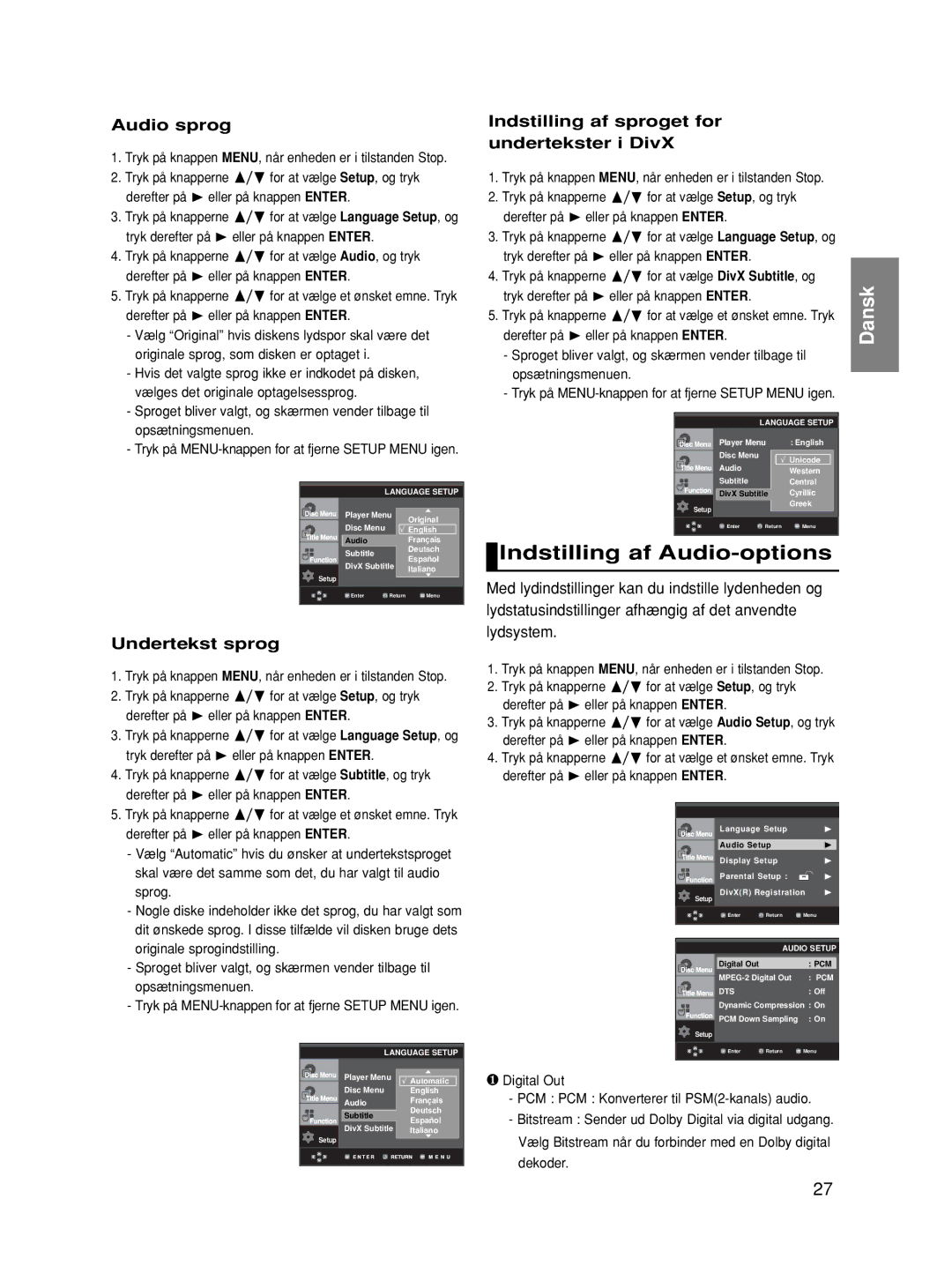 Samsung DVD-HD860/XEE manual Indstilling af Audio-options, Audio sprog, Undertekst sprog 