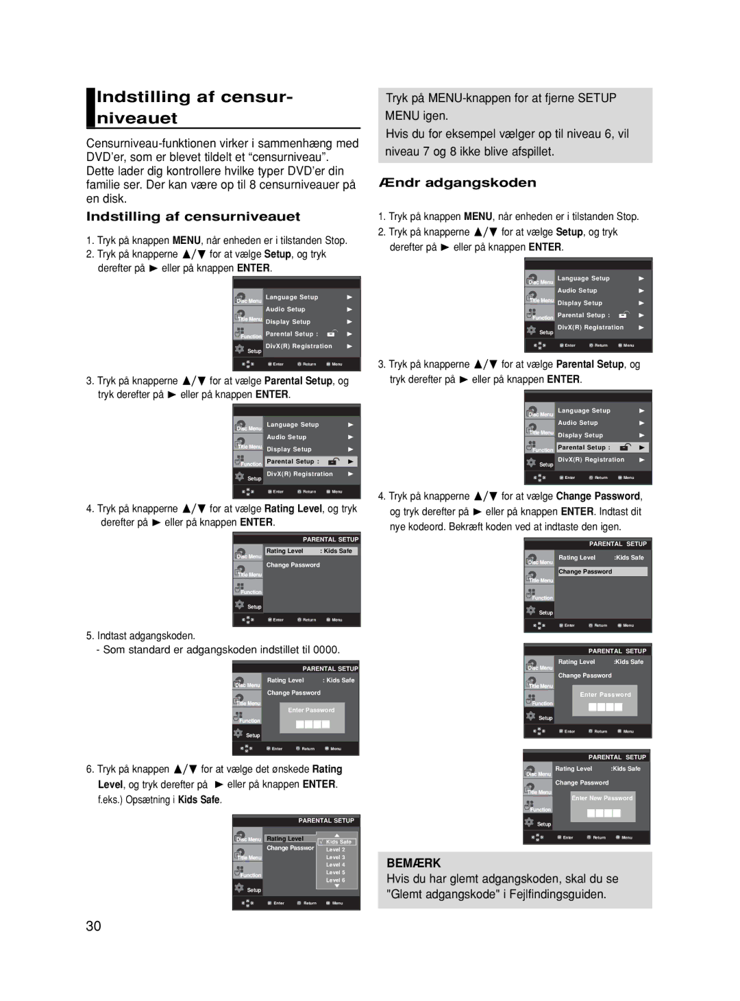 Samsung DVD-HD860/XEE manual Indstilling af censur- niveauet, Indstilling af censurniveauet, Ændr adgangskoden 