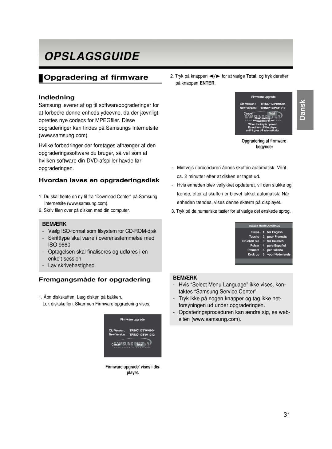 Samsung DVD-HD860/XEE manual Opslagsguide, Opgradering af firmware, Indledning, Hvordan laves en opgraderingsdisk 