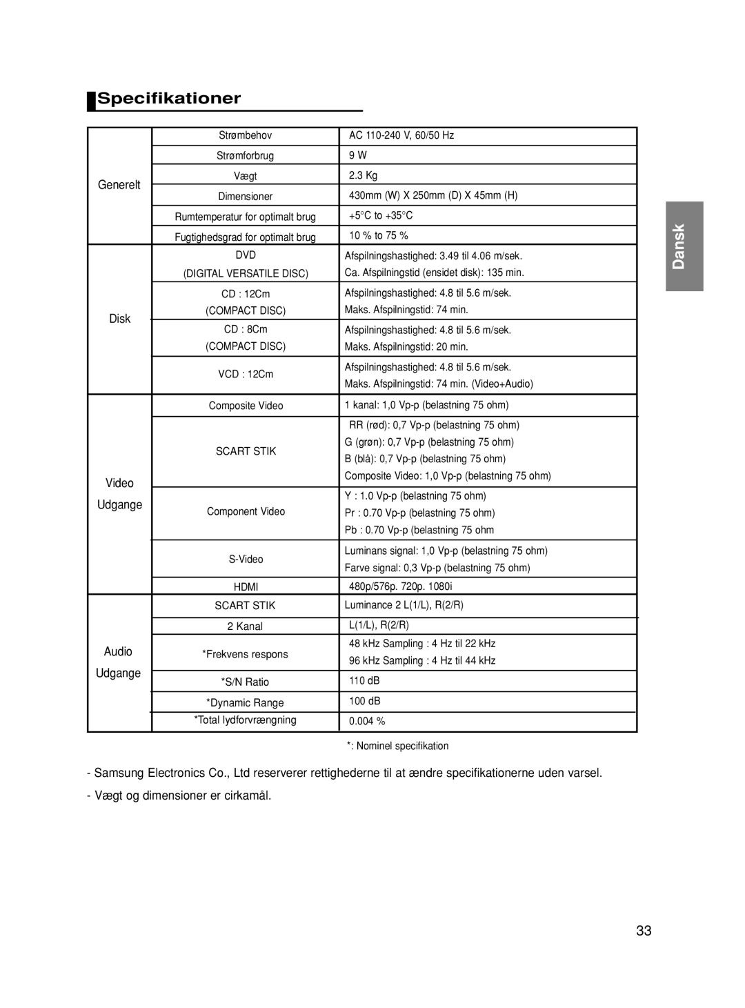 Samsung DVD-HD860/XEE manual Specifikationer, Vægt og dimensioner er cirkamål 