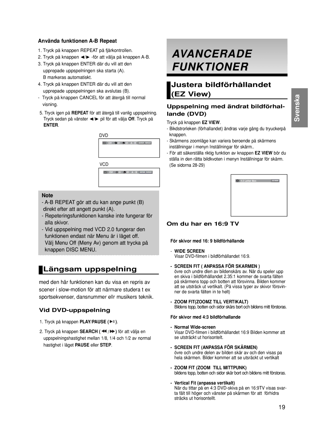 Samsung DVD-HD860/XEE manual Avancerade Funktioner, Längsam uppspelning, Justera bildförhållandet EZ View 