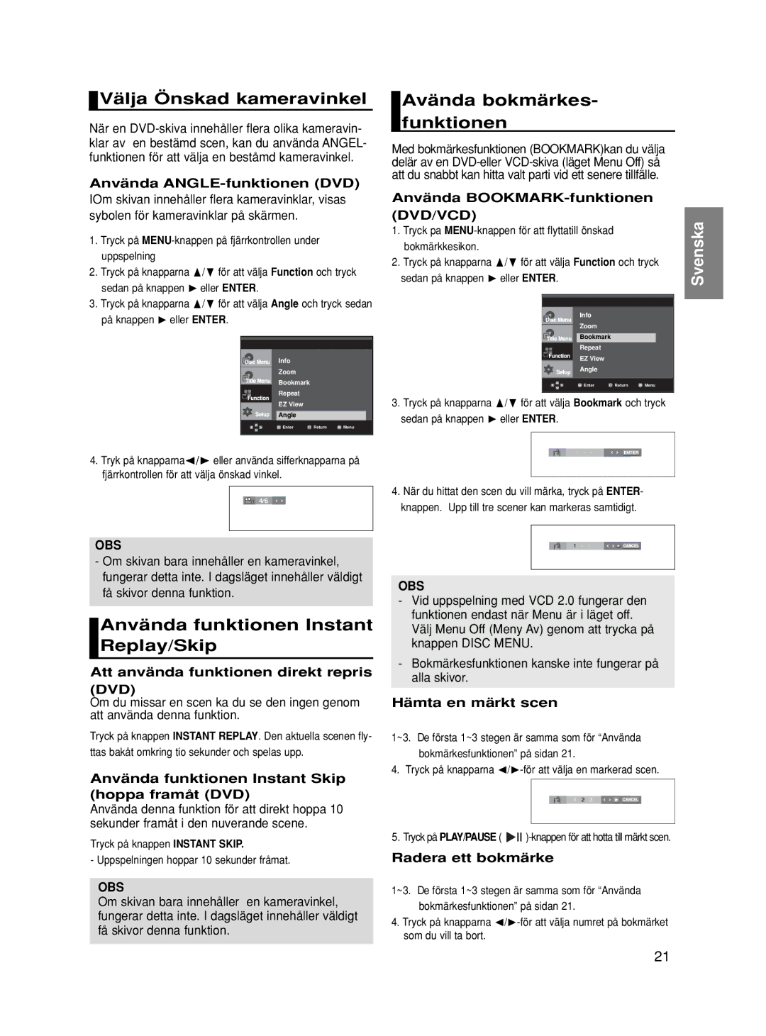 Samsung DVD-HD860/XEE Välja Önskad kameravinkel, Avända bokmärkes- funktionen, Använda funktionen Instant Replay/Skip 