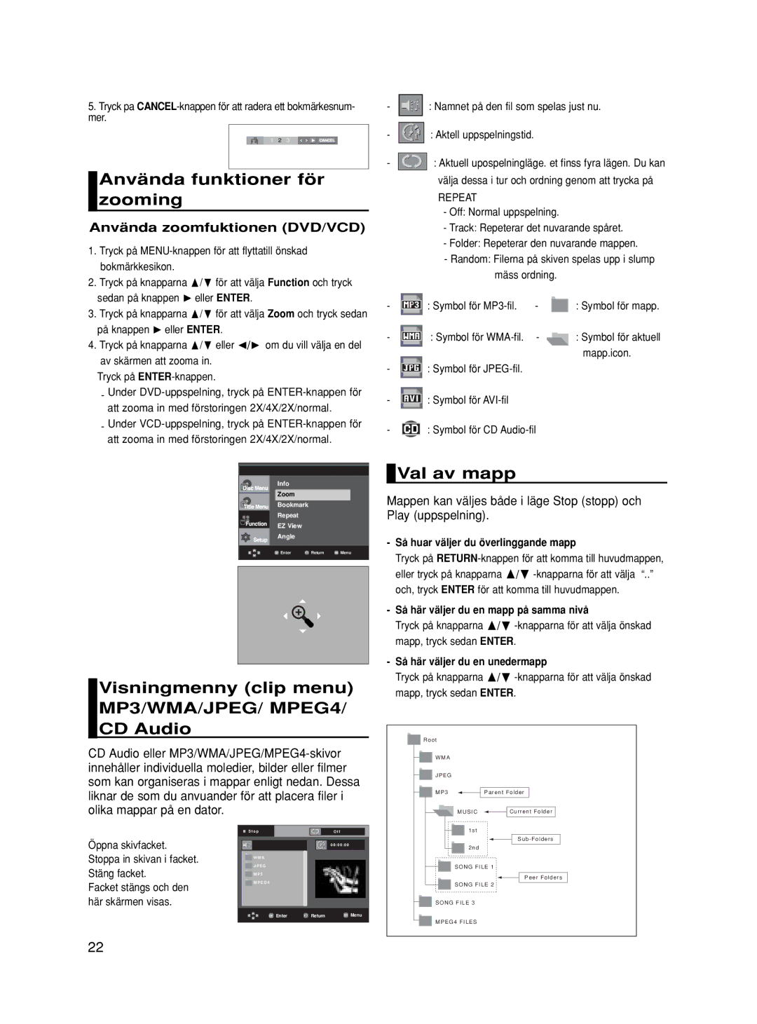 Samsung DVD-HD860/XEE Använda funktioner för zooming, Visningmenny clip menu MP3/WMA/JPEG/ MPEG4/ CD Audio, Val av mapp 