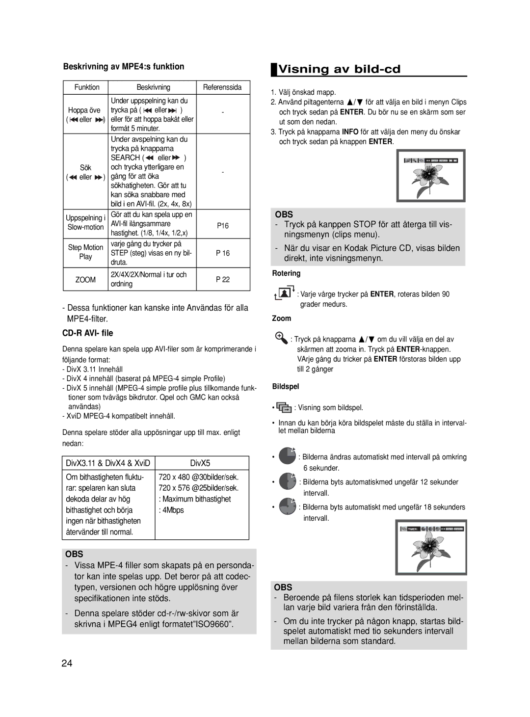 Samsung DVD-HD860/XEE manual Visning av bild-cd, Beskrivning av MPE4s funktion, CD-R AVI- file, DivX5 