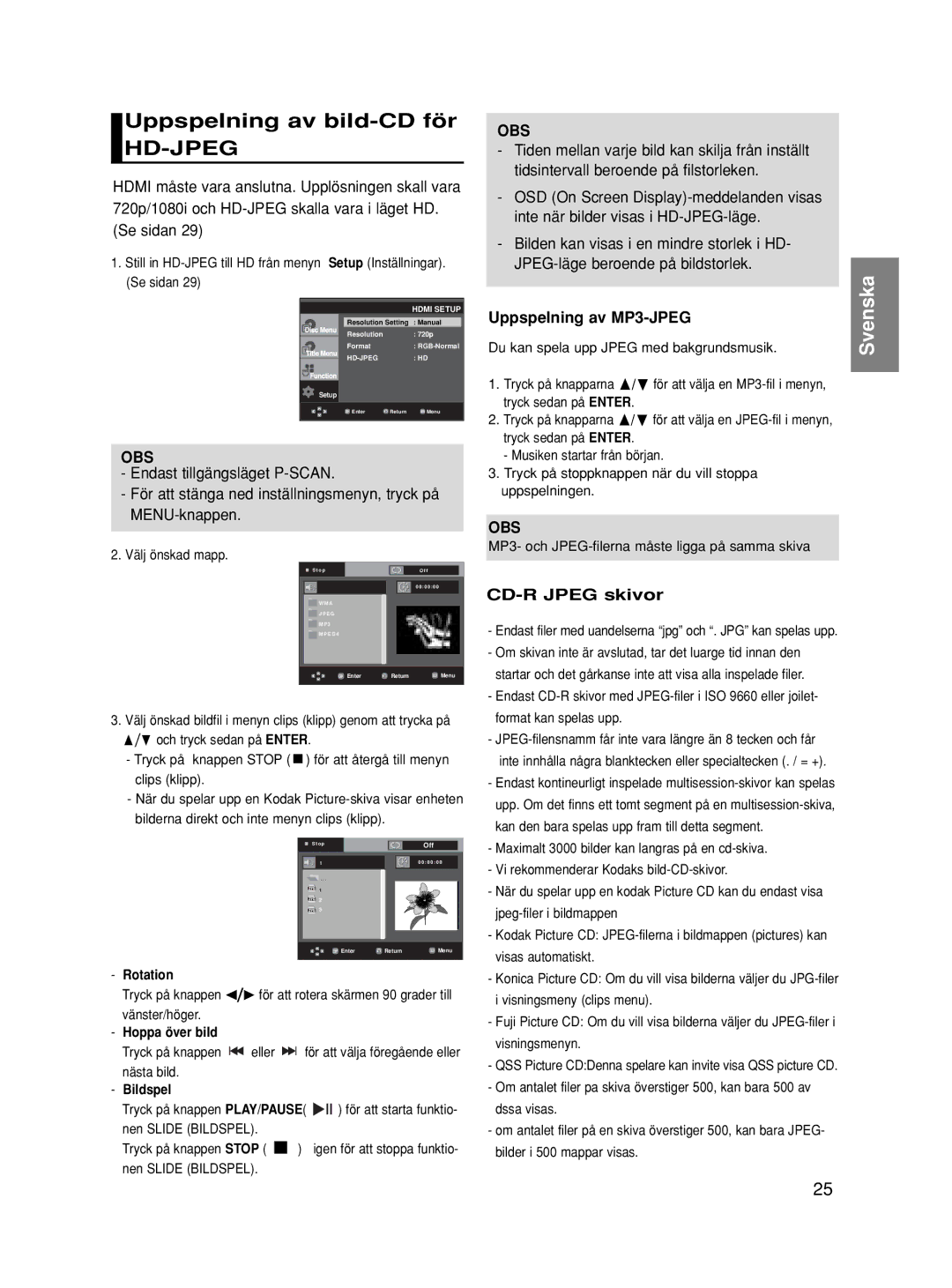 Samsung DVD-HD860/XEE Uppspelning av bild-CD för, Uppspelning av MP3-JPEG, CD-R Jpeg skivor, Rotation, Hoppa över bild 