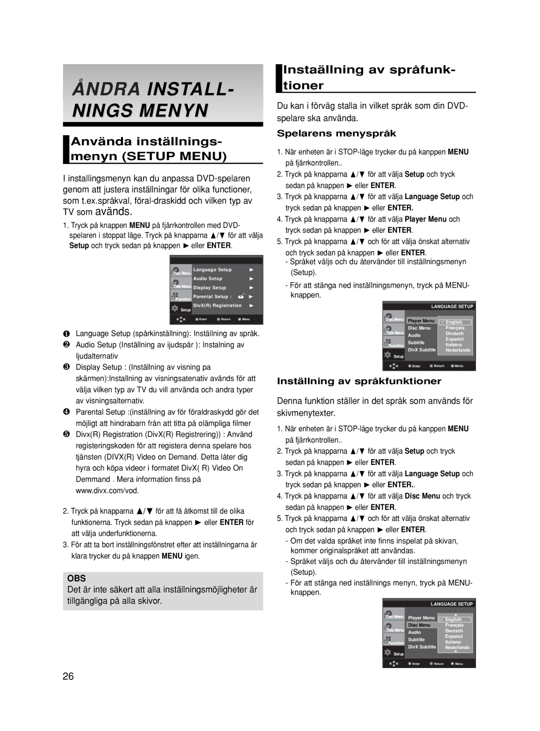Samsung DVD-HD860/XEE Åndra INSTALL- Nings Menyn, Använda inställnings- menyn Setup Menu, Instaällning av språfunk- tioner 