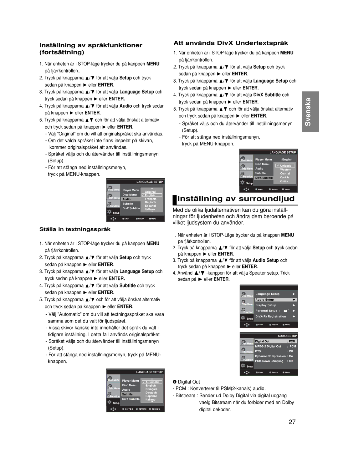 Samsung DVD-HD860/XEE Inställning av surroundijud, Inställning av språkfunktioner fortsättning, Ställa in textningsspråk 