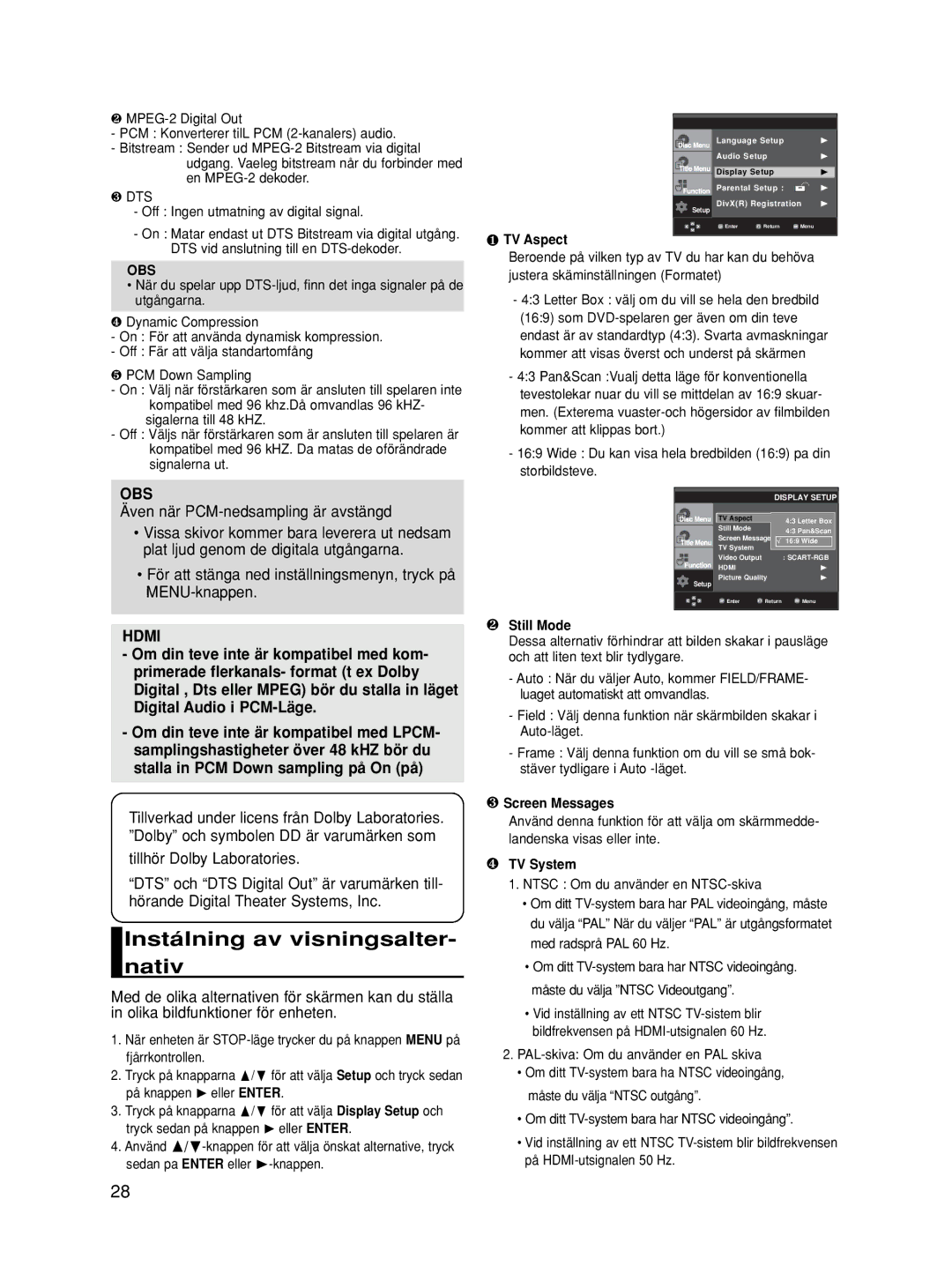 Samsung DVD-HD860/XEE manual Instálning av visningsalter- nativ, Även när PCM-nedsampling är avstängd, Hdmi, Obs 