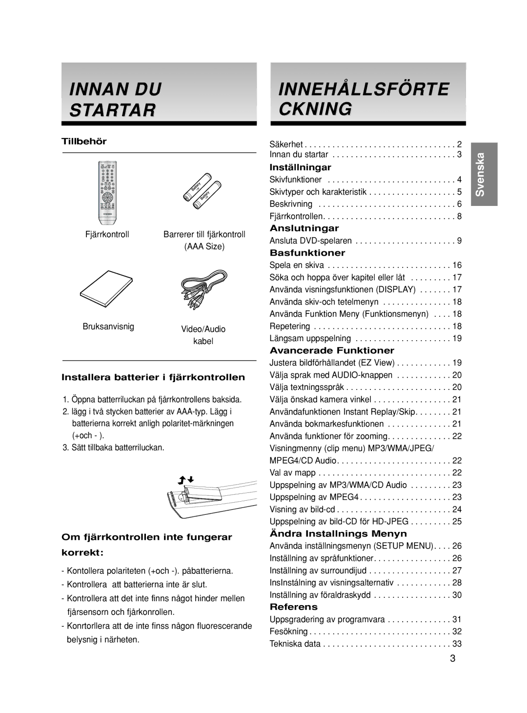 Samsung DVD-HD860/XEE manual Innan DU Startar, Innehållsförte Ckning 