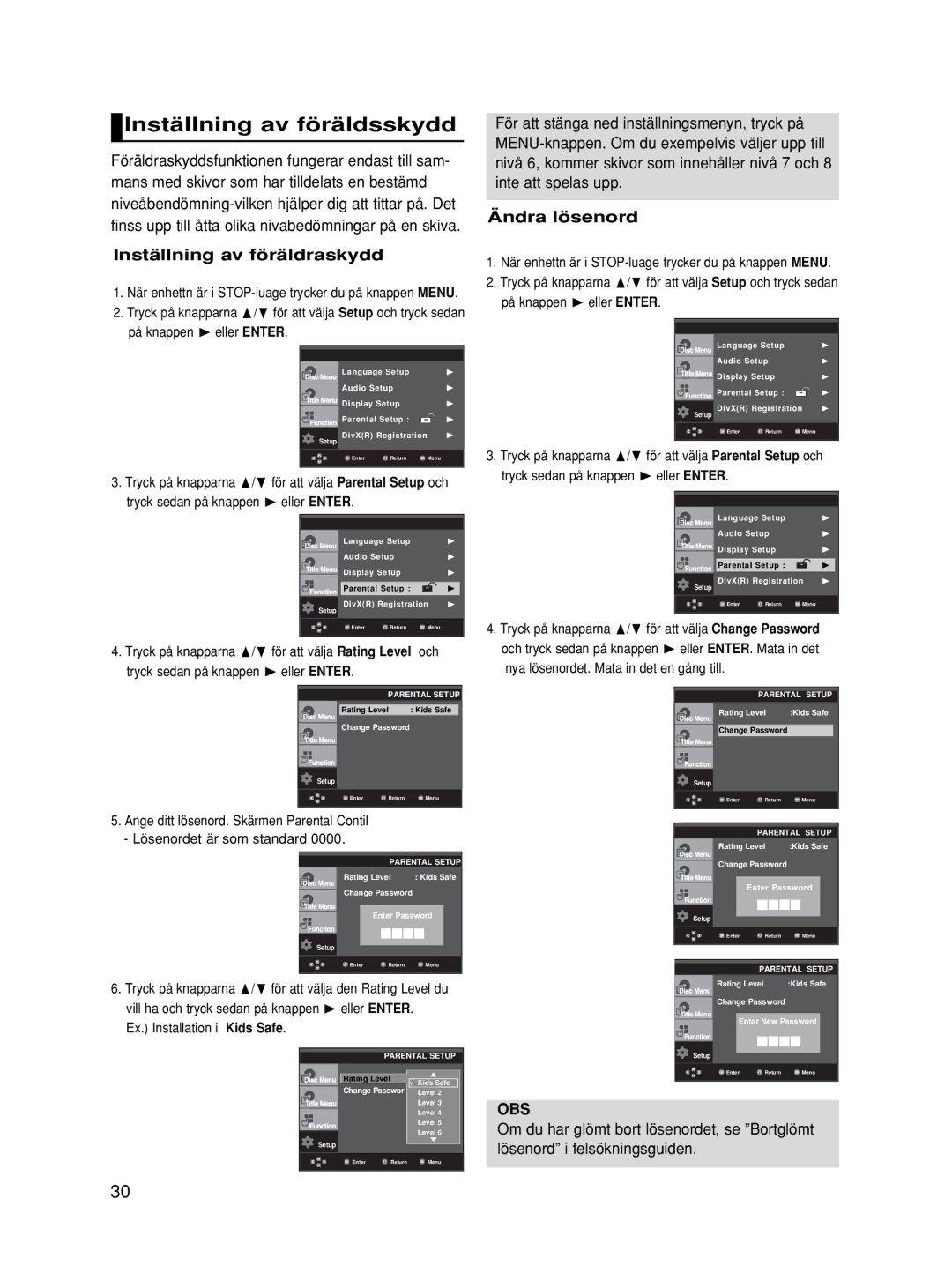 Samsung DVD-HD860/XEE manual Inställning av föräldsskydd, Inställning av föräldraskydd, Ändra lösenord 