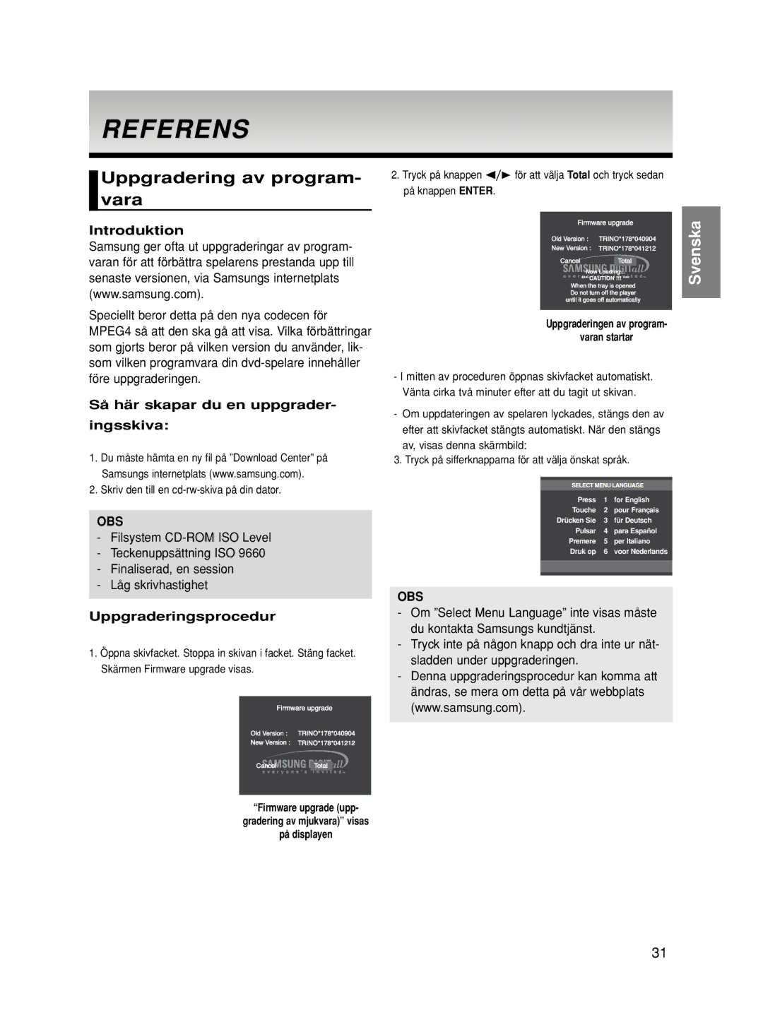 Samsung DVD-HD860/XEE manual Referens, Uppgradering av program- vara, Introduktion, Så här skapar du en uppgrader Ingsskiva 