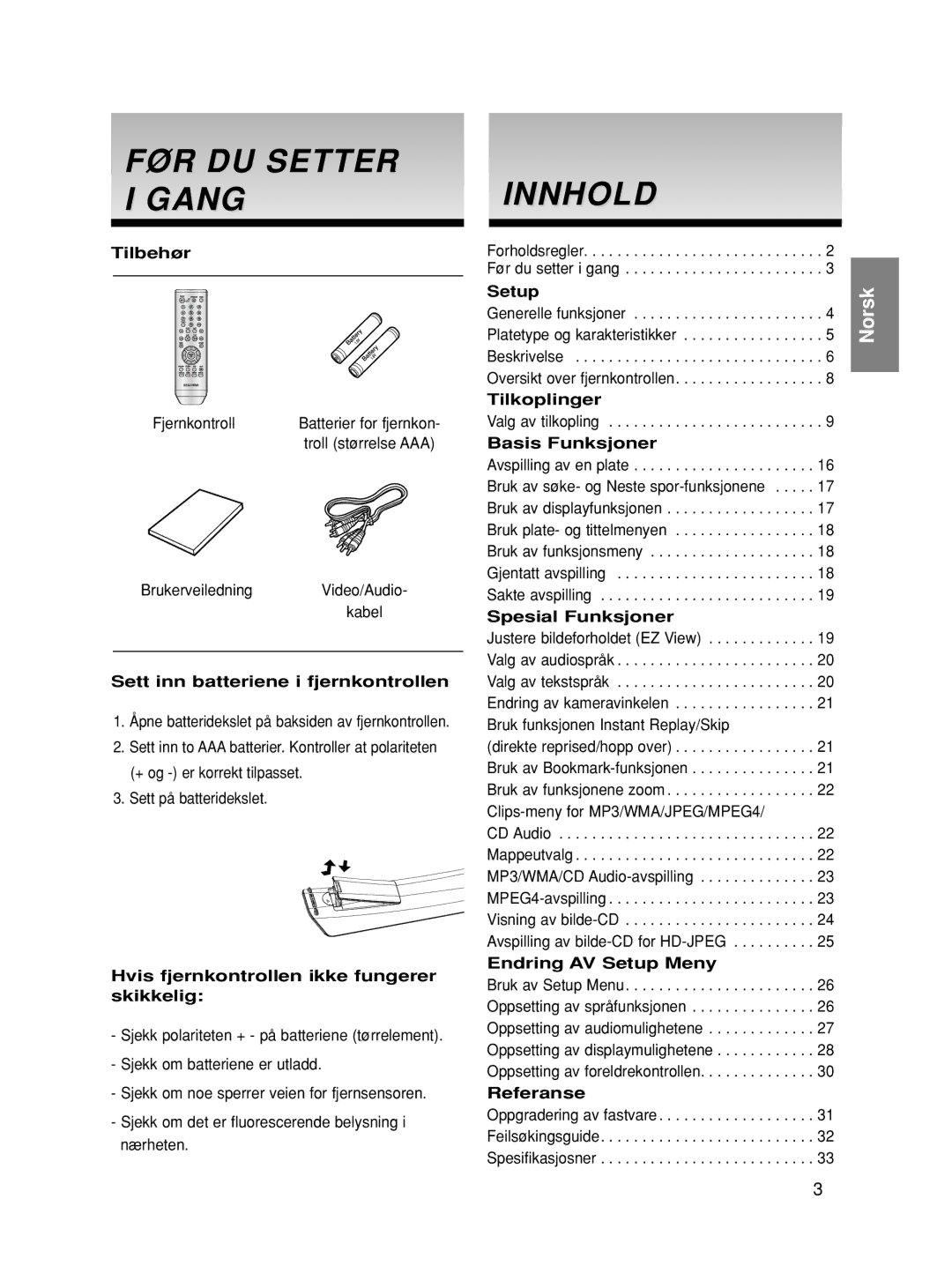 Samsung DVD-HD860/XEE manual FØR DU Setter I Gang, Innhold 