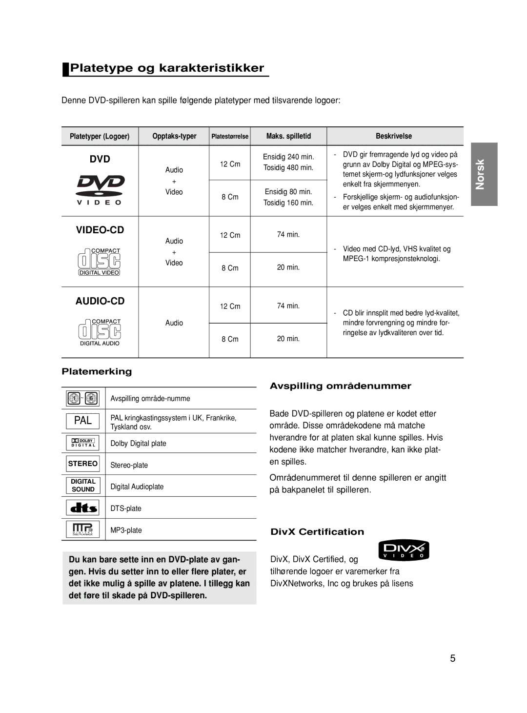 Samsung DVD-HD860/XEE manual Platetype og karakteristikker 