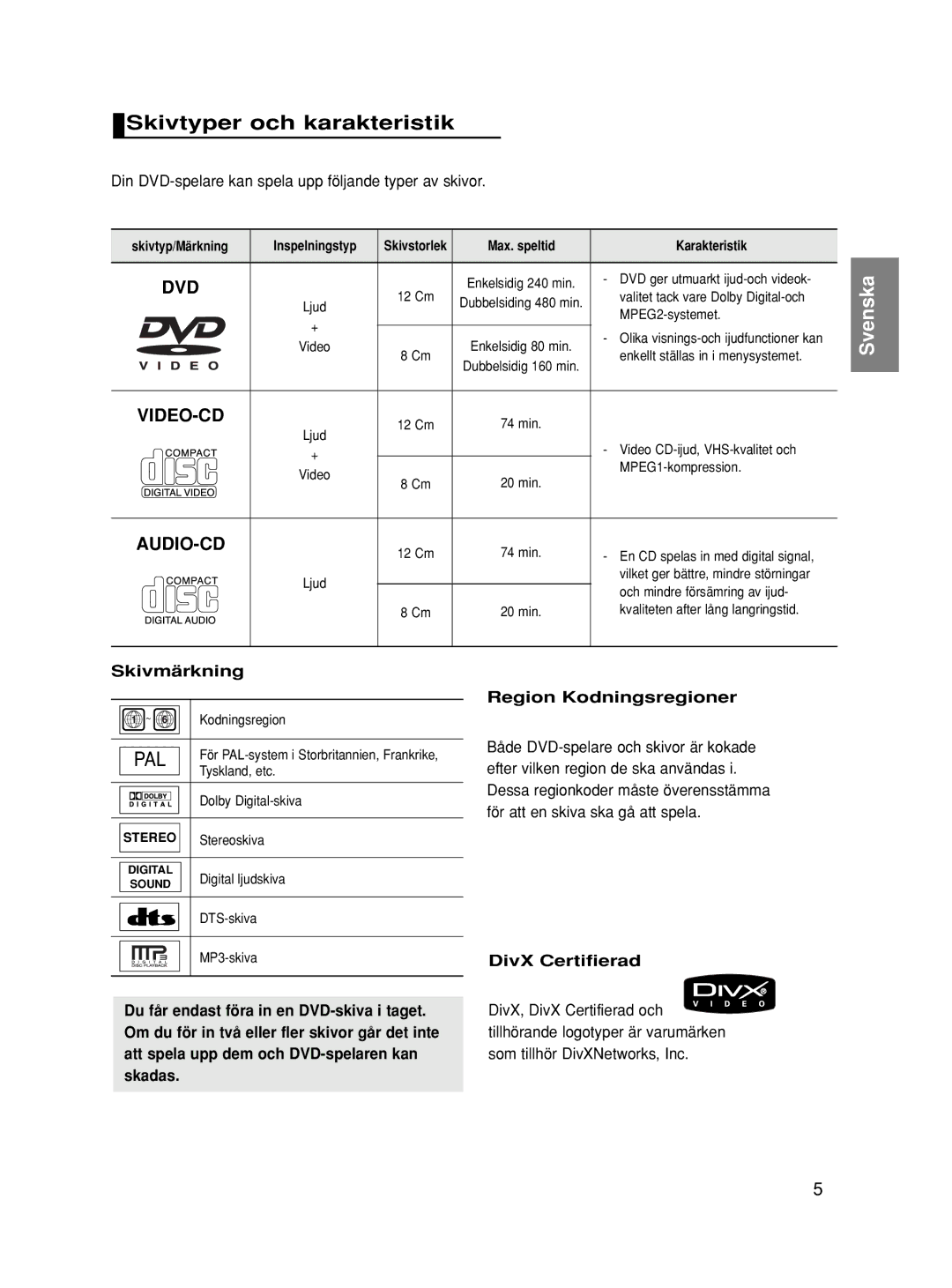 Samsung DVD-HD860/XEE Skivtyper och karakteristik, Din DVD-spelare kan spela upp följande typer av skivor, Skivmärkning 