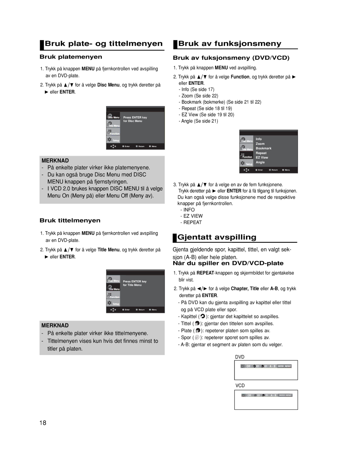 Samsung DVD-HD860/XEE manual Bruk plate- og tittelmenyen, Bruk av funksjonsmeny, Gjentatt avspilling 