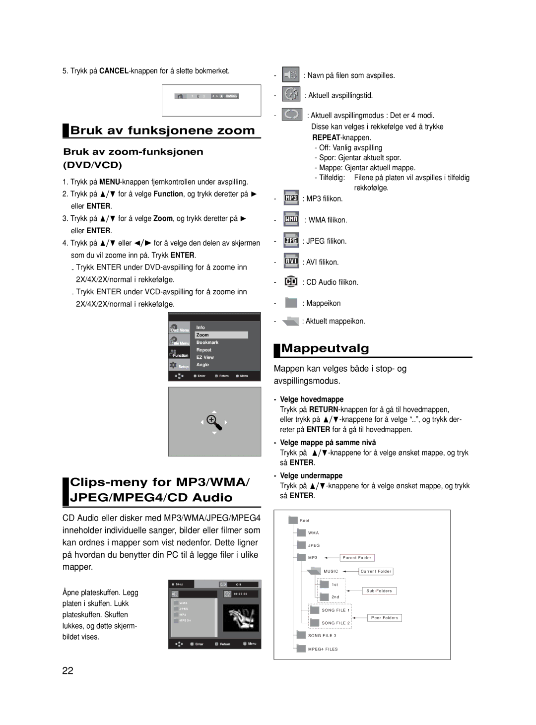 Samsung DVD-HD860/XEE manual Bruk av funksjonene zoom, Mappeutvalg, Clips-meny for MP3/WMA, JPEG/MPEG4/CD Audio, Dvd/Vcd 