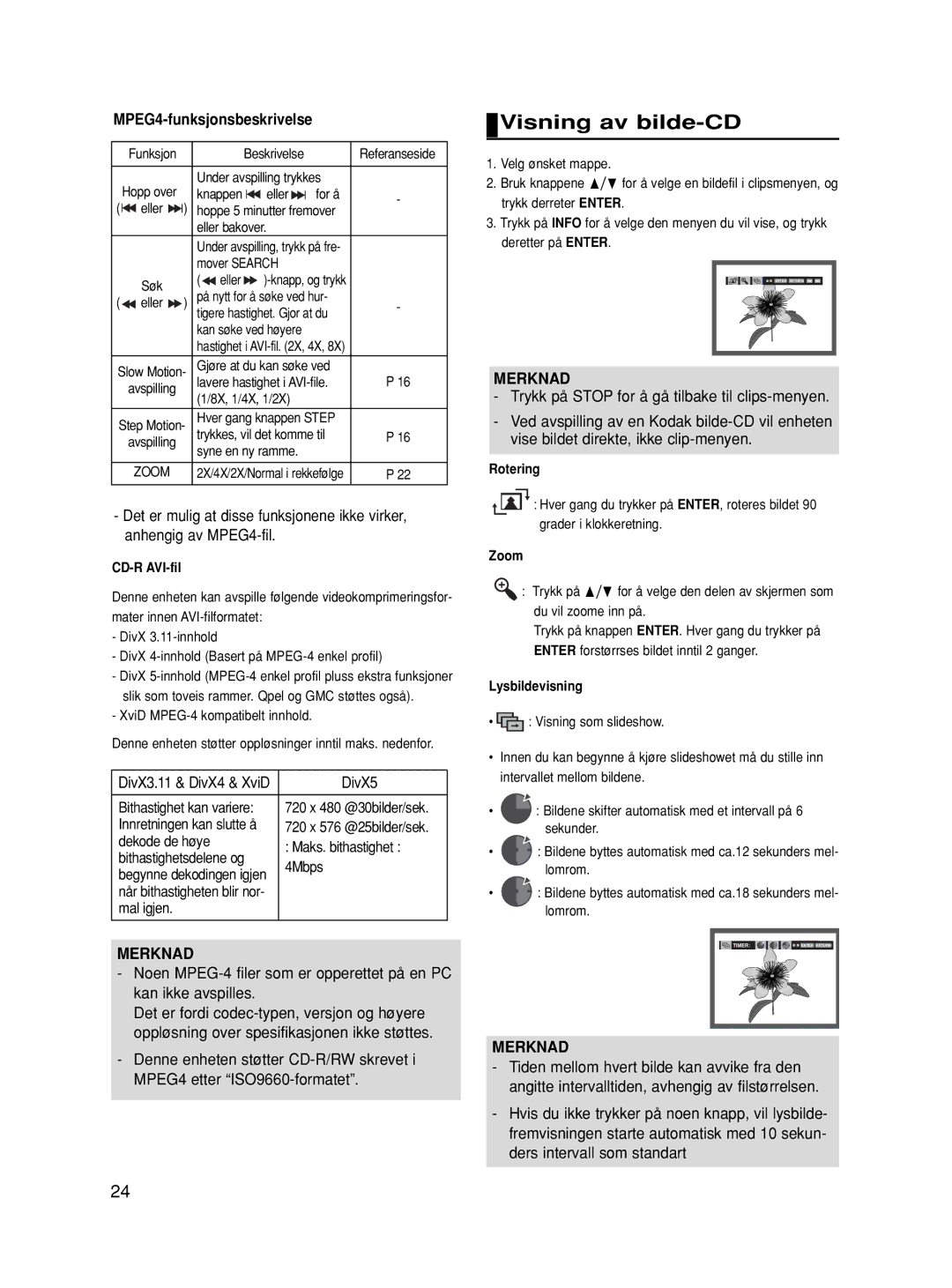 Samsung DVD-HD860/XEE manual Visning av bilde-CD, MPEG4-funksjonsbeskrivelse, CD-R AVI-fil, Lysbildevisning 