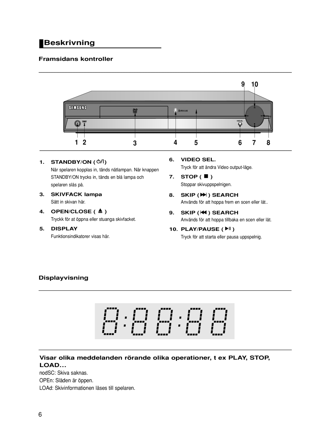 Samsung DVD-HD860/XEE manual Beskrivning, Framsidans kontroller, Video SEL 