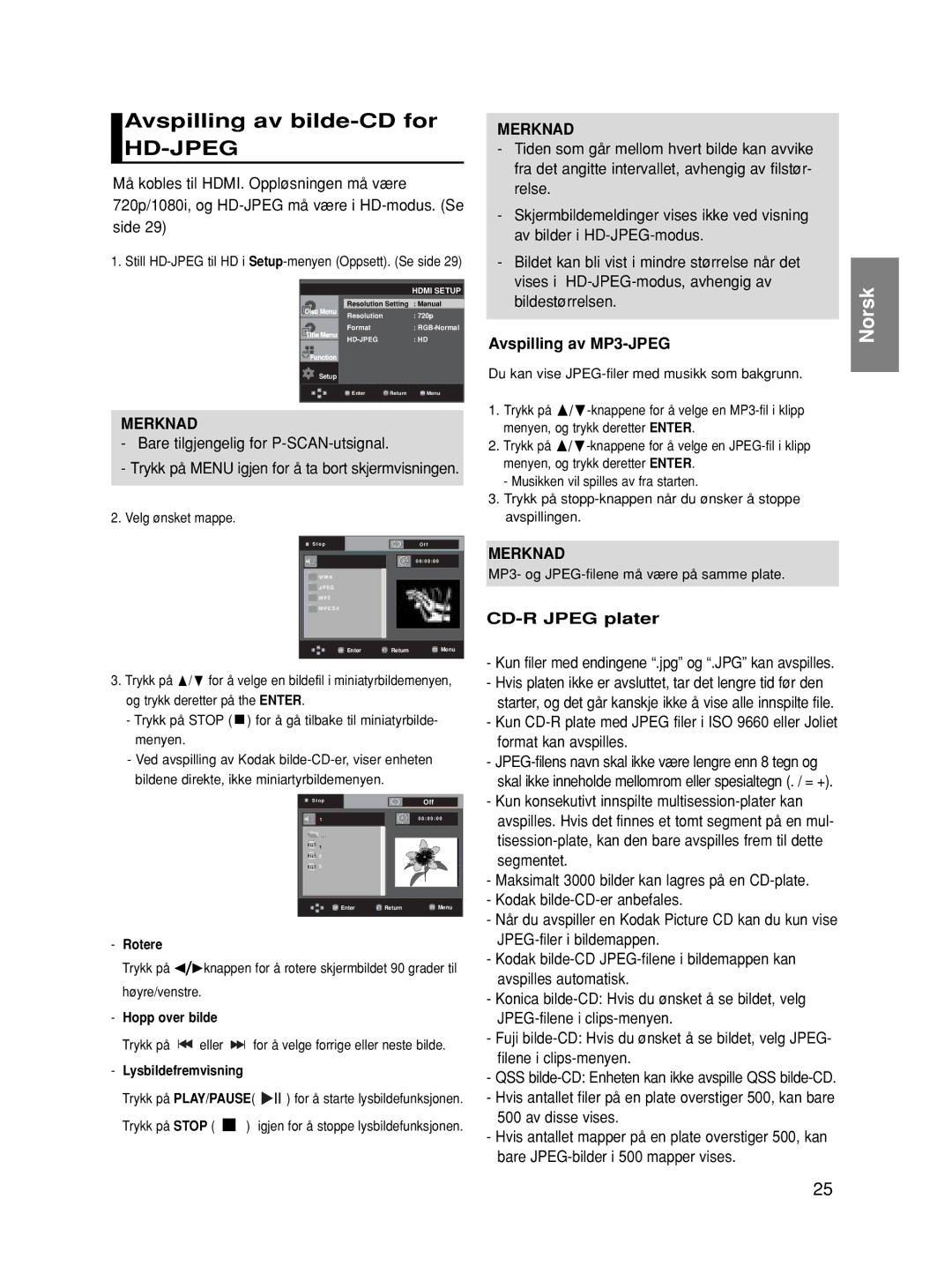 Samsung DVD-HD860/XEE manual Avspilling av bilde-CD for, Side, Avspilling av MP3-JPEG, CD-R Jpeg plater 