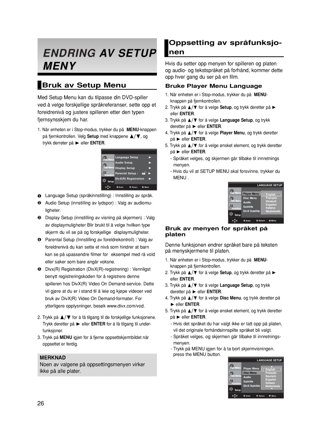 Samsung DVD-HD860/XEE manual Endring AV Setup Meny, Bruk av Setup Menu, Oppsetting av språfunksjo- nen 