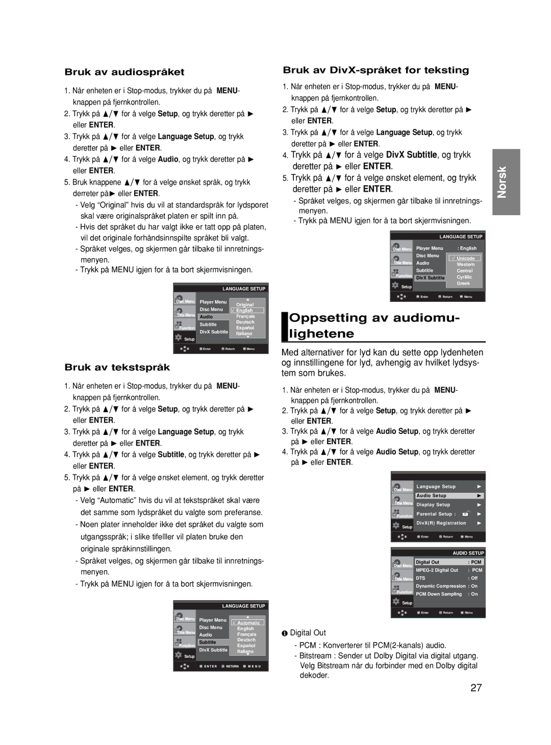 Samsung DVD-HD860/XEE Oppsetting av audiomu- lighetene, Bruk av audiospråket, Bruk av tekstspråk, Deretter på Eller Enter 