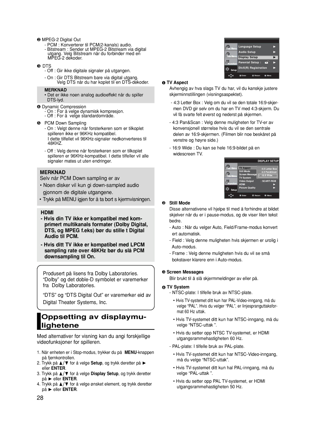 Samsung DVD-HD860/XEE manual Oppsetting av displaymu- lighetene, Merknad, Blir brukt til å slå skjermmeldinger av eller på 