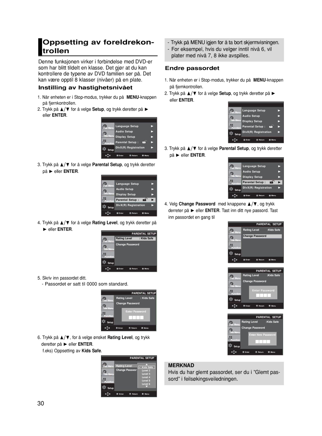 Samsung DVD-HD860/XEE manual Oppsetting av foreldrekon- trollen, Instilling av hastighetsnivået, Endre passordet 