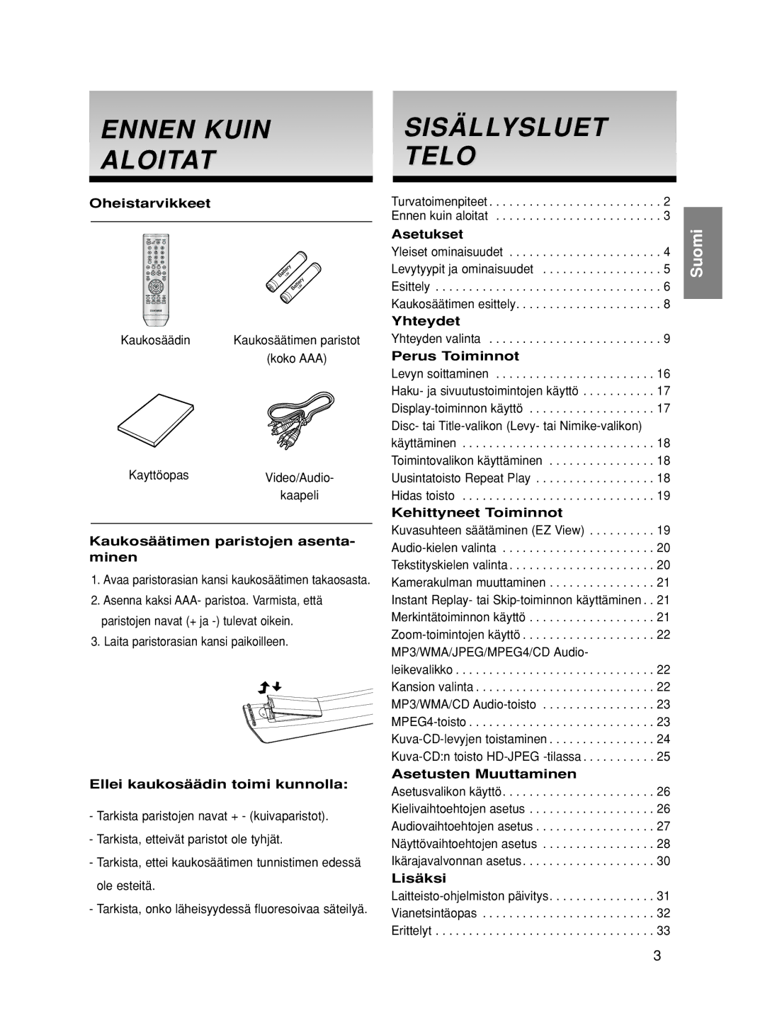 Samsung DVD-HD860/XEE manual Ennen Kuin Aloitat, Sisällysluet Telo 