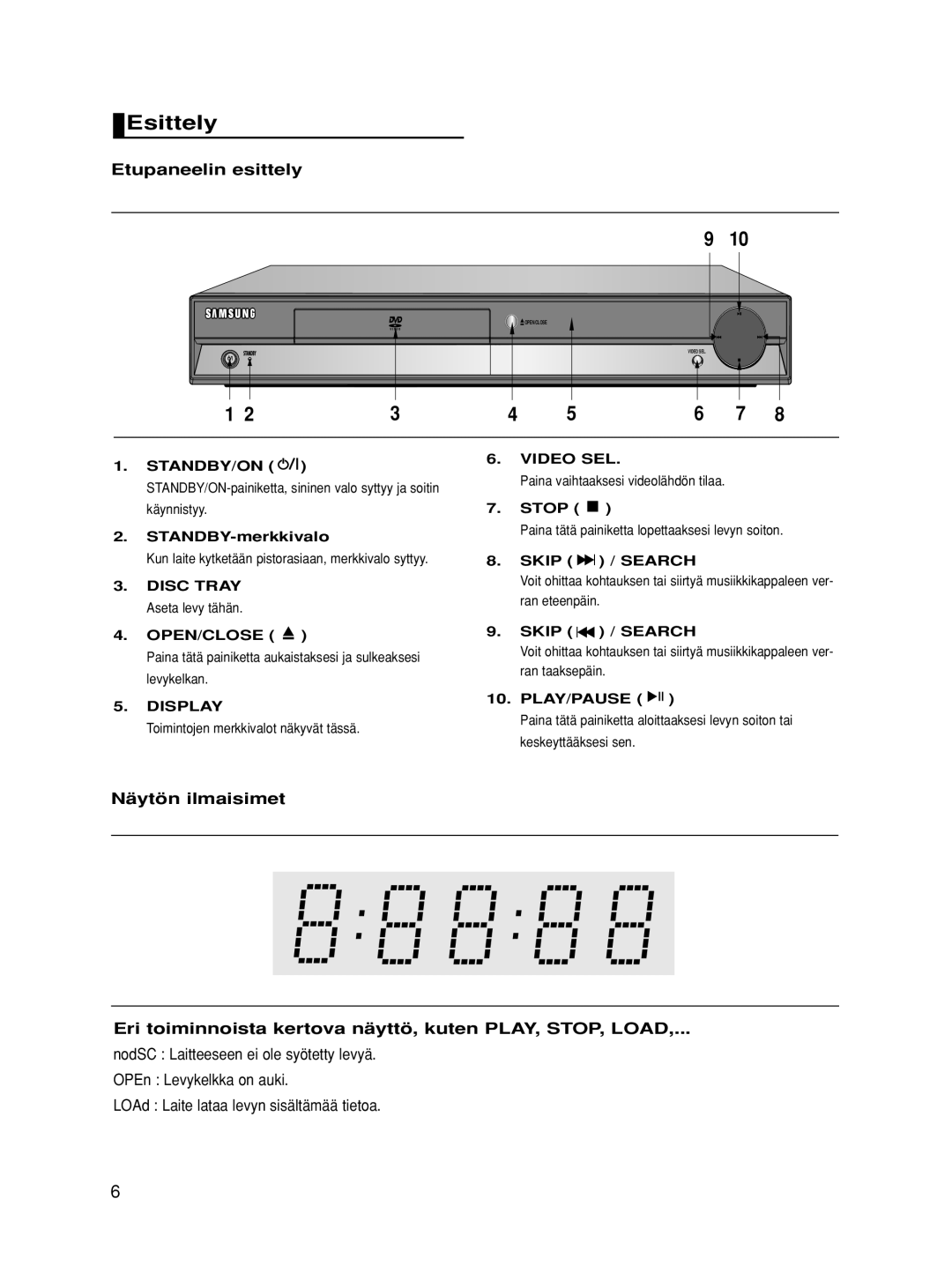 Samsung DVD-HD860/XEE manual Esittely, Etupaneelin esittely, STANDBY-merkkivalo, Display 