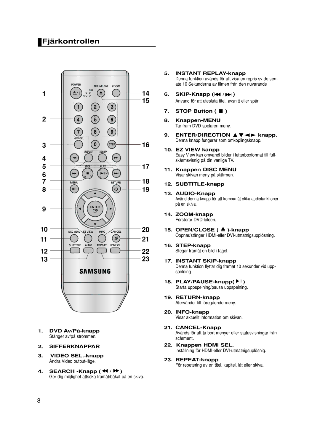 Samsung DVD-HD860/XEE manual Fjärkontrollen, Sifferknappar 