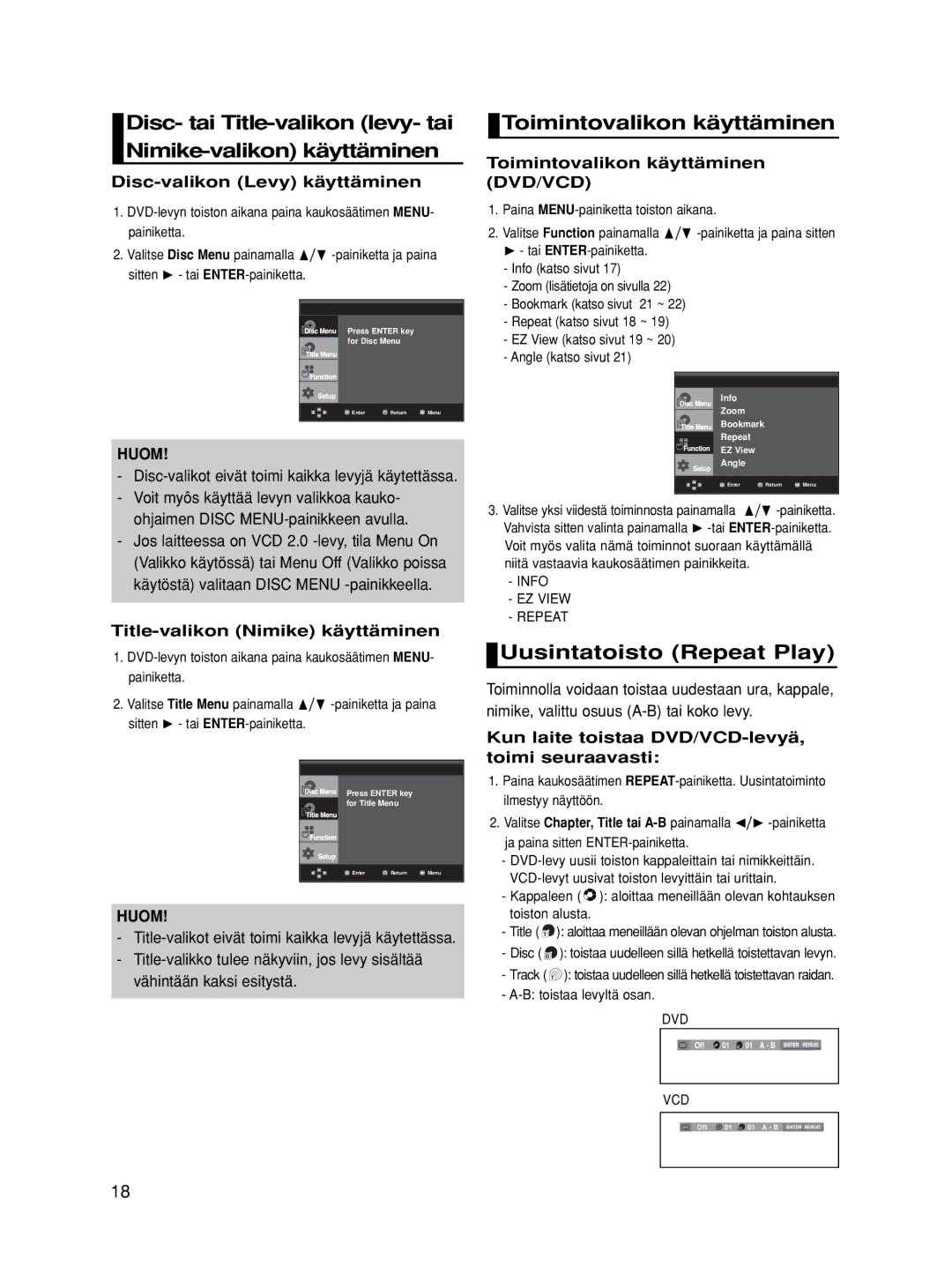 Samsung DVD-HD860/XEE manual Toimintovalikon käyttäminen, Uusintatoisto Repeat Play 