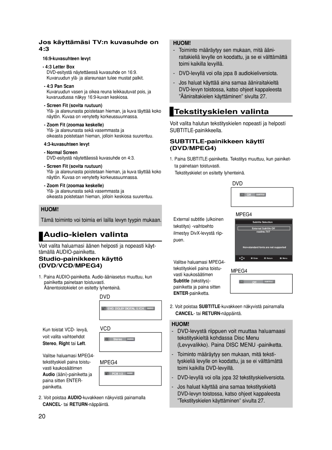 Samsung DVD-HD860/XEE manual Tekstityskielen valinta, Audio-kielen valinta, SUBTITLE-painikkeen käyttï DVD/MPEG4 